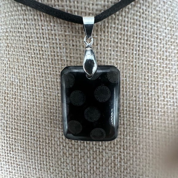 Black Coral Fossil Pendant Necklace on Black Satin Rope - Picture 9 of 14